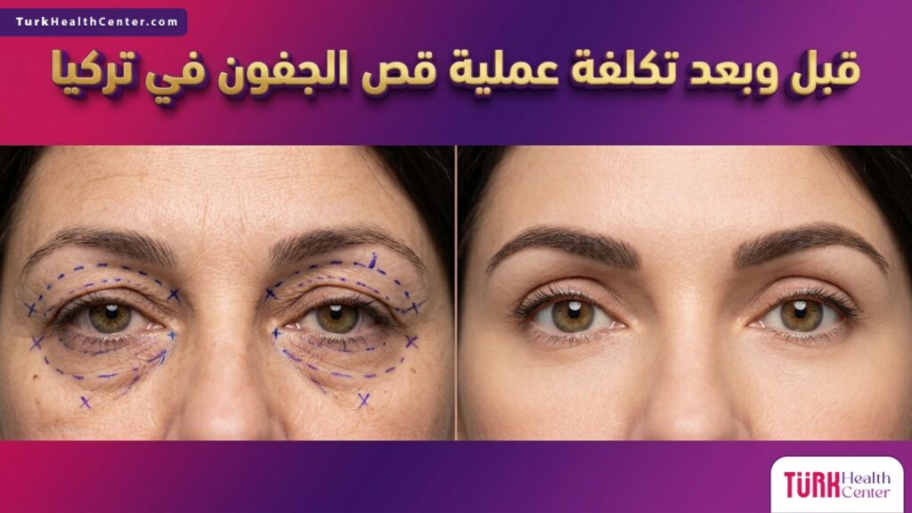 صورة مقسمة واقعية توضح شكل العيون قبل وبعد الإجراء مع إبراز تأثير تكلفة عملية قص الجفون في تركيا على تجديد شباب الوجه.