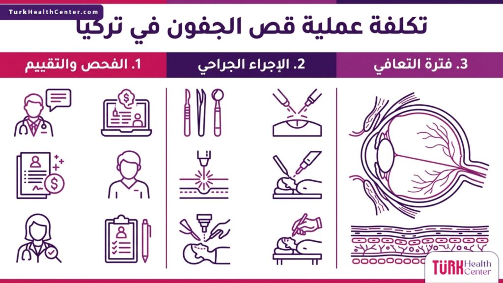 إنفوجرافيك طبي مقسم إلى ثلاث مراحل يشرح خطوات الإجراء الجراحي المشمولة ضمن تكلفة عملية قص الجفون في تركيا.