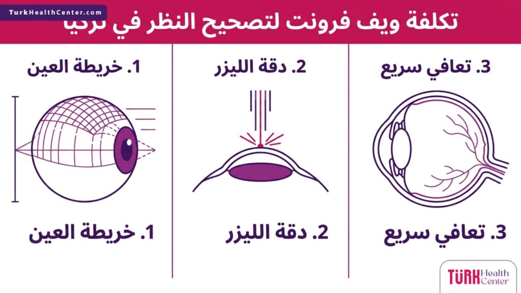 مخطط إنفوجرافيك يوضح الخطوات والمميزات المرتبطة بتكلفة ويف فرونت لتصحيح النظر في تركيا.