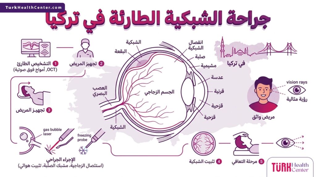 رسم بياني علمي يوضح التشريح الداخلي للعين وتفاصيل جراحة الشبكية الطارئة في تركيا.