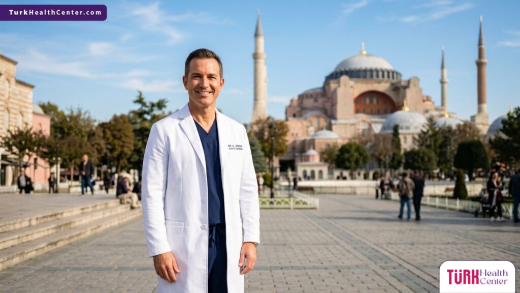 جراح تجميل محترف يقف أمام آيا صوفيا في اسطنبول، يرمز لخدمات جراحة شد الجفون بالليزر في تركيا بأعلى المعايير.