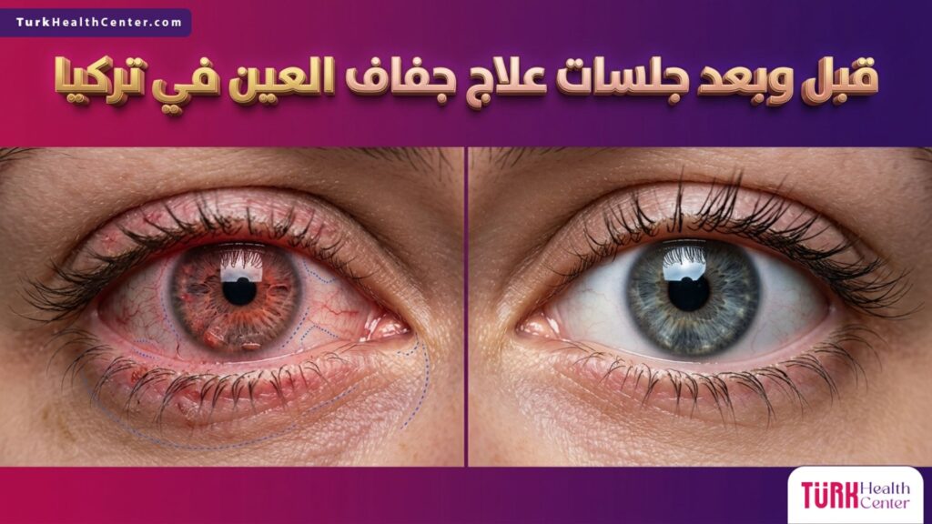 مقارنة قبل وبعد جلسات علاج جفاف العين في تركيا توضح الفرق في ترطيب وصفاء العين والنتائج العلاجية.