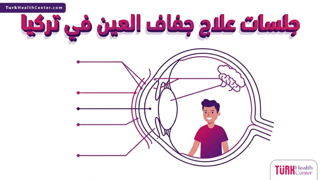 إنفوجرافيك طبي يوضح التشريح الداخلي للعين وكيفية استهداف الغدد خلال جلسات علاج جفاف العين في تركيا.
