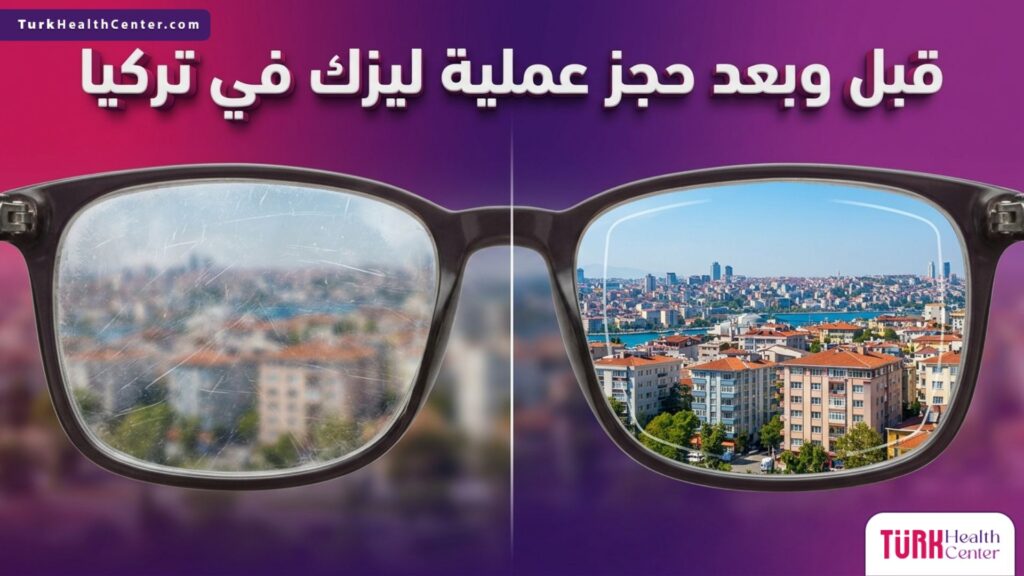 مقارنة قبل وبعد تظهر تحسن وضوح الرؤية بعد حجز عملية ليزك في تركيا من الرؤية الضبابية إلى الحدة الكاملة.