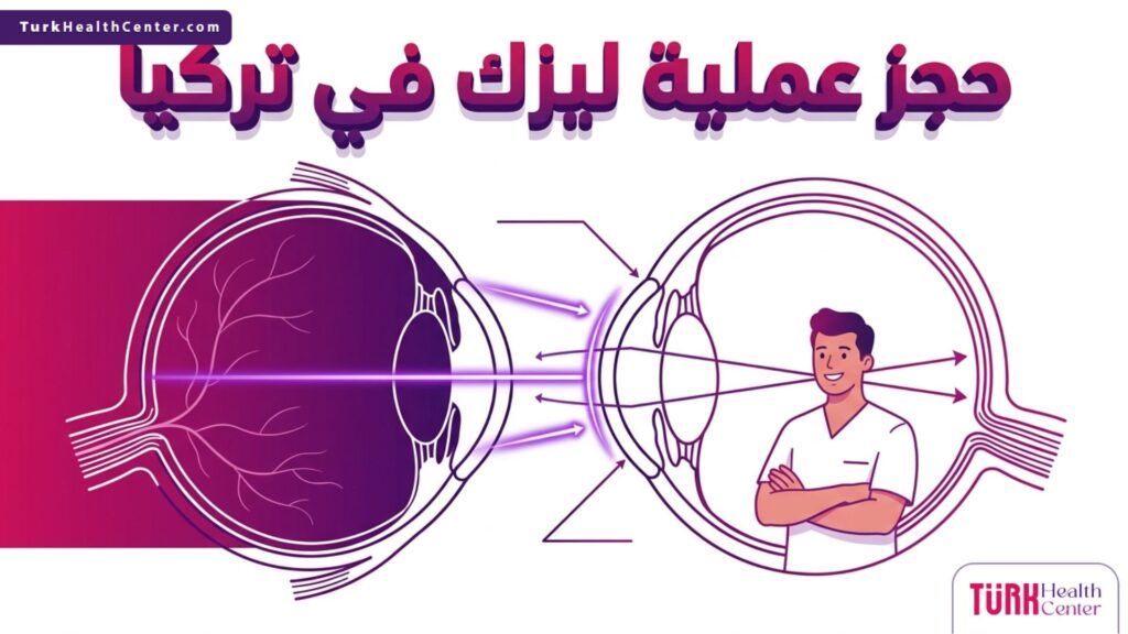 إنفوجرافيك تعليمي يشرح تشريح العين وكيفية تصحيح القرنية عند حجز عملية ليزك في تركيا.