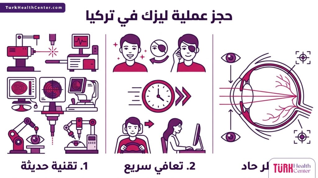 بوستر إنفوجرافيك يوضح المزايا الثلاث الرئيسية عند حجز عملية ليزك في تركيا: التقنية، التعافي، والنتيجة.