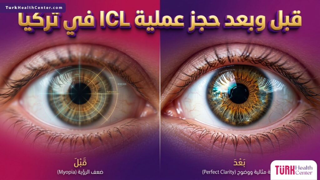 صورة مقسمة توضح الفرق في الرؤية والتخطيط قبل وبعد حجز عملية ICL في تركيا لتصحيح النظر.