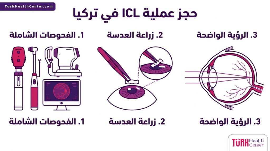 تصميم إنفوجرافيك تفصيلي يشرح الخطوات الأساسية والنتائج المتوقعة عند حجز عملية ICL في تركيا.
