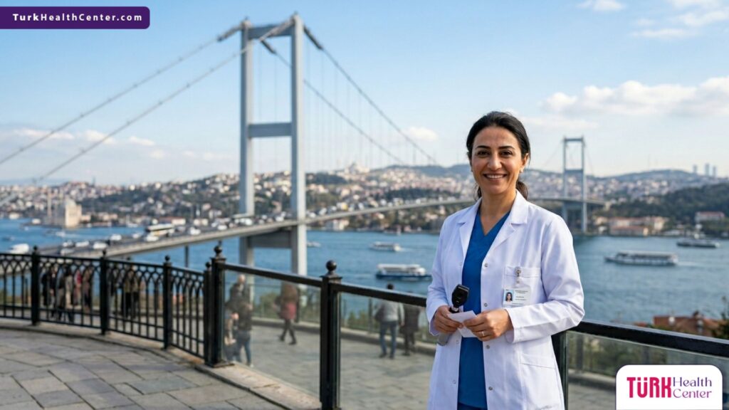 طبيب عيون محترف يقف أمام جسر البوسفور، لتمثيل وجهتك عند حجز موعد دكتور قرنية في تركيا
