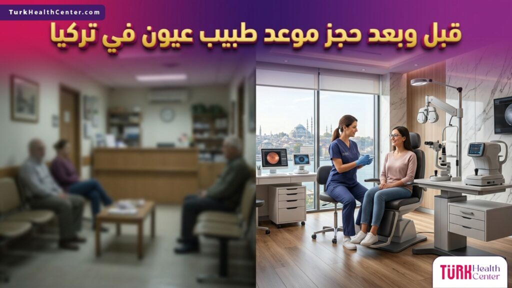 مقارنة قبل وبعد توضح جودة الرؤية والخدمة عند حجز موعد طبيب عيون في تركيا.