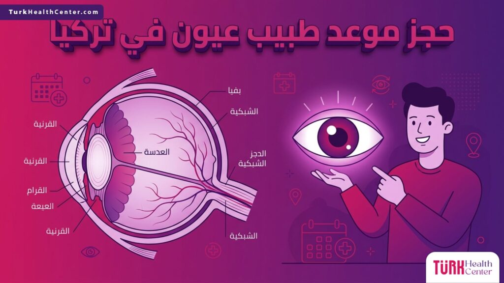 رسم تشريحي دقيق للعين يوضح التفاصيل العلمية والفحوصات اللازمة عند حجز موعد طبيب عيون في تركيا.