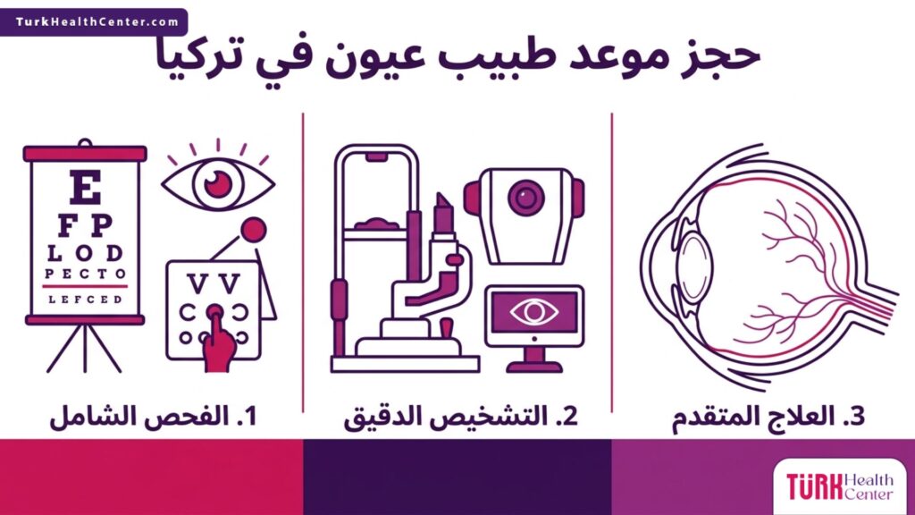 إنفوجرافيك علمي يوضح خطوات ومراحل حجز موعد طبيب عيون في تركيا.