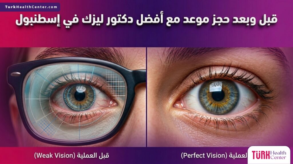 صورة مقارنة قبل وبعد توضح نتائج تصحيح النظر عند حجز موعد مع أفضل دكتور ليزك في إسطنبول، مع إظهار الفارق في وضوح الرؤية.