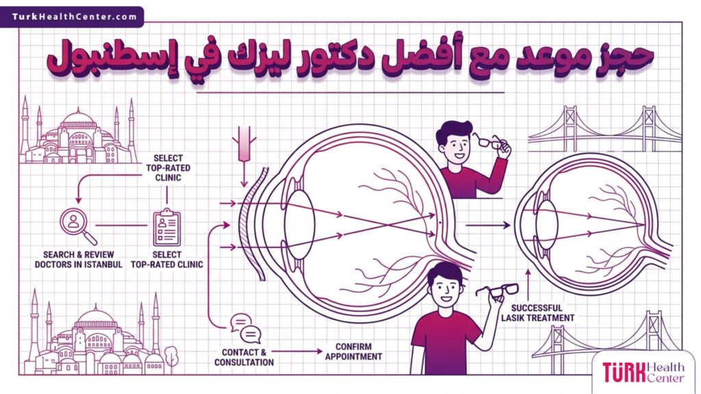 تصميم إنفوجرافيك تشريحي دقيق يوضح مسار أشعة الليزر على القرنية، كجزء من التوعية عند حجز موعد مع أفضل دكتور ليزك في إسطنبول.