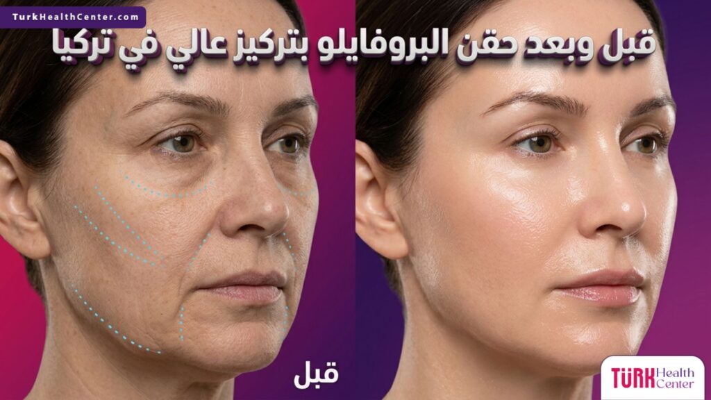 صورة قبل وبعد تظهر نتائج حقن البروفايلو بتركيز عالي في تركيا على البشرة لاستعادة النضارة
