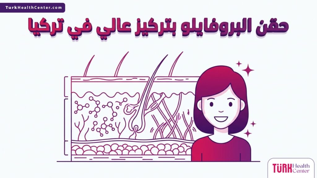 إنفوجرافيك طبي يشرح تشريح طبقات الجلد والتأثير العميق لـ حقن البروفايلو بتركيز عالي في تركيا