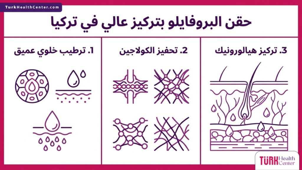 إنفوجرافيك مبسط يشرح 3 مراحل لعمل حقن البروفايلو بتركيز عالي في تركيا داخل البشرة