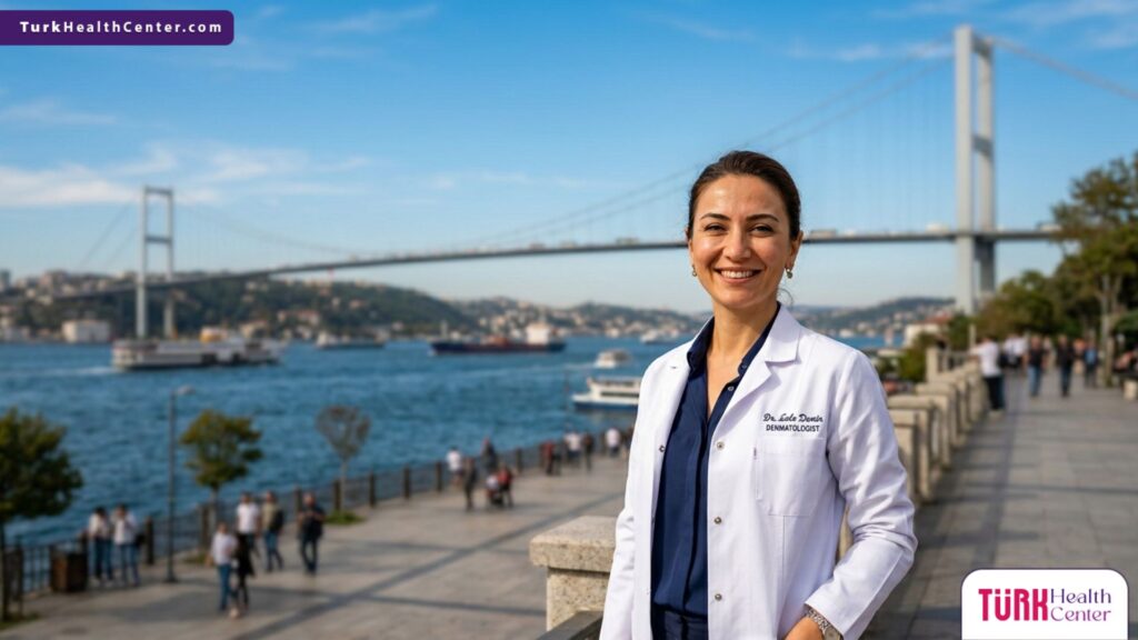 طبيب تجميل متخصص في حقن البروفايلو بتركيز عالي في تركيا يقف بثقة أمام جسر البوسفور في اسطنبول
