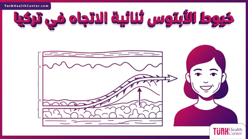 رسم بياني طبي يوضح آلية عمل خيوط الأبتوس ثنائية الاتجاه في تركيا داخل طبقات الجلد لرفع الأنسجة المترهلة.