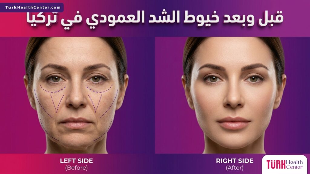 صورة فوتوغرافية تظهر نتائج قبل وبعد تطبيق خيوط الشد العمودي في تركيا على الوجه