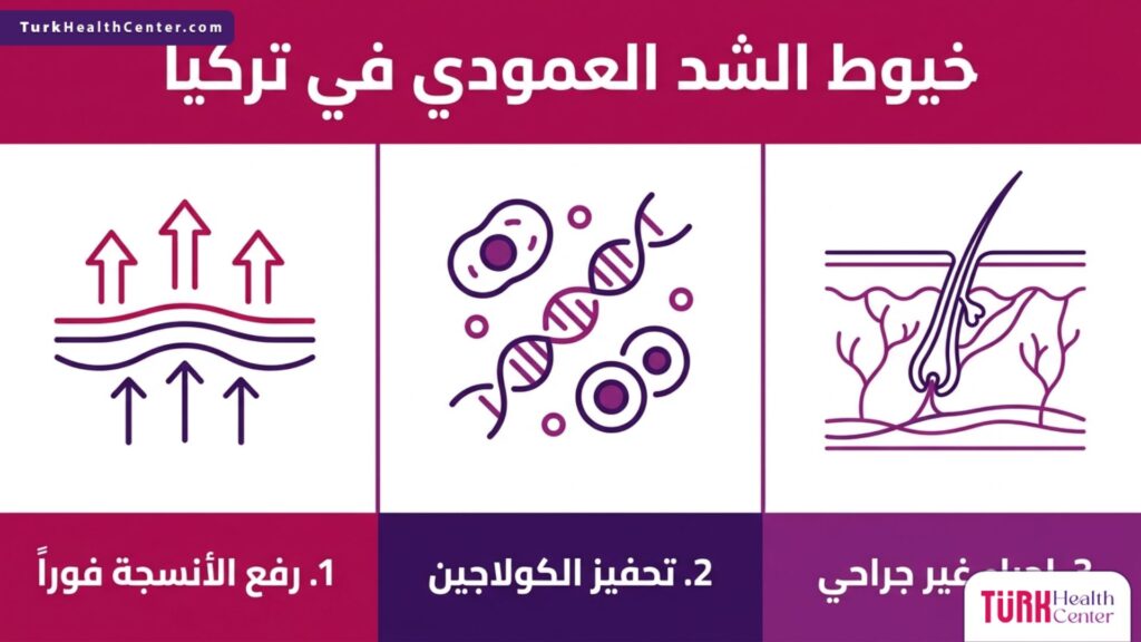 إنفوجرافيك طبي يشرح الفوائد الثلاثة الرئيسية لتقنية خيوط الشد العمودي في تركيا