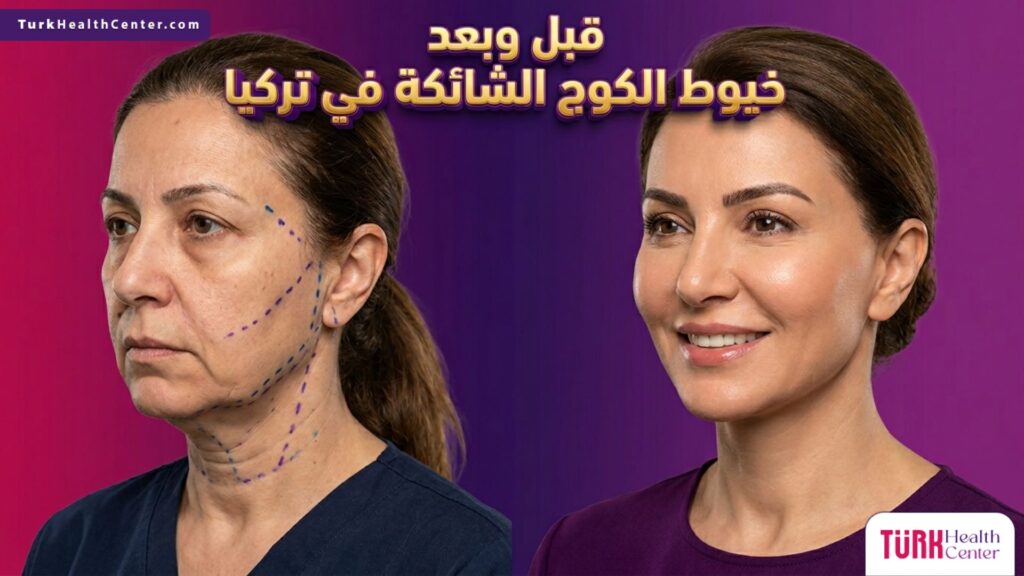 صورة مقسومة توضح حالة المريض قبل وبعد إجراء خيوط الكوج الشائكة في تركيا لشد الوجه والتخلص من الترهلات.