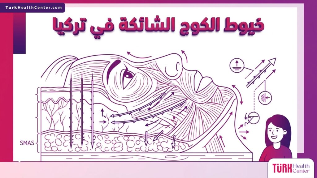 إنفوجرافيك تشريحي دقيق يوضح كيفية عمل خيوط الكوج الشائكة في تركيا داخل طبقات الجلد لرفع وشد الأنسجة.