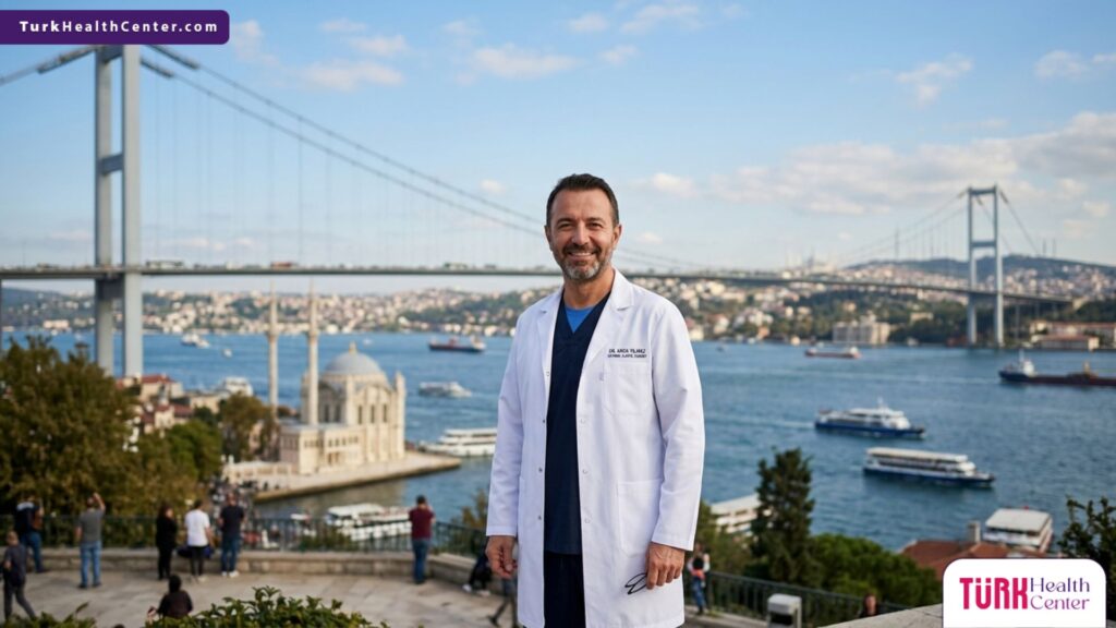 طبيب تجميل متخصص في خيوط الكوج الشائكة في تركيا يقف بثقة أمام جسر البوسفور في إسطنبول.