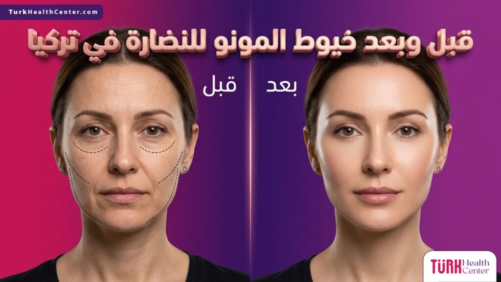 مقارنة قبل وبعد لإجراء خيوط المونو للنضارة في تركيا تظهر شد البشرة وتجديد شبابها.