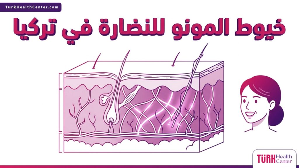 إنفوجرافيك تشريحي يوضح كيفية عمل خيوط المونو للنضارة في تركيا في تحفيز الكولاجين داخل طبقات الجلد.