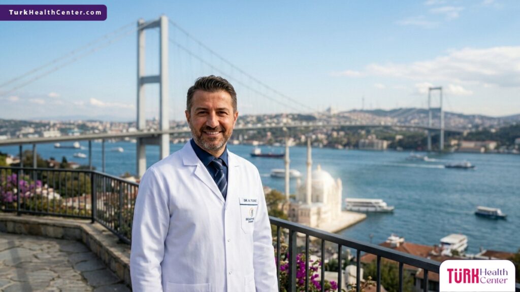 طبيب تجميل متخصص يقف بثقة أمام جسر البوسفور، لتقديم خدمات خيوط المونو للنضارة في تركيا بأعلى معايير الجودة.