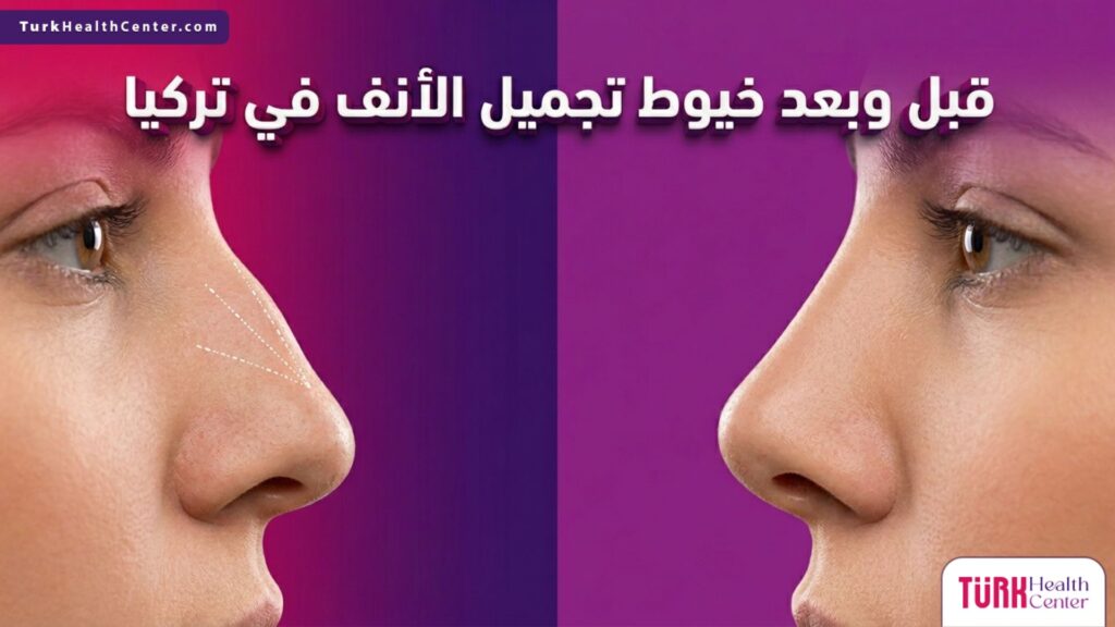 صورة مقسمة تظهر حالة الأنف قبل وبعد إجراء خيوط تجميل الأنف في تركيا، مع توضيح مسارات الرفع والنتيجة النهائية.