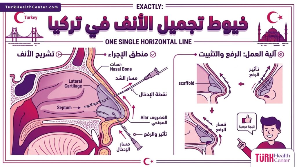 إنفوجرافيك طبي دقيق يشرح البنية التشريحية ومسار الإبر الداخلي لتقنية خيوط تجميل الأنف في تركيا.