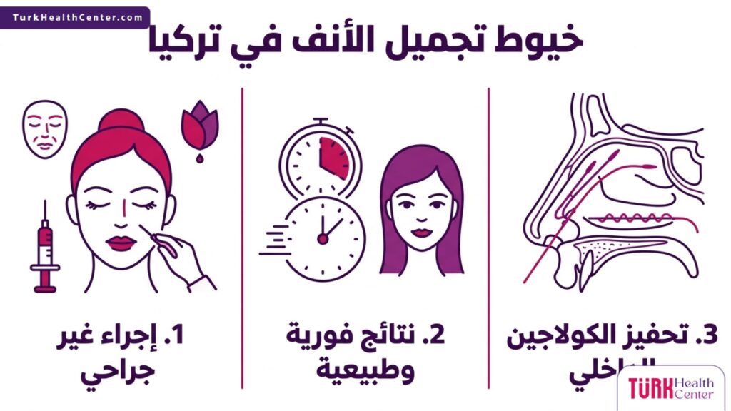 إنفوجرافيك يلخص أهم ثلاث فوائد ومراحل لإجراء خيوط تجميل الأنف في تركيا.