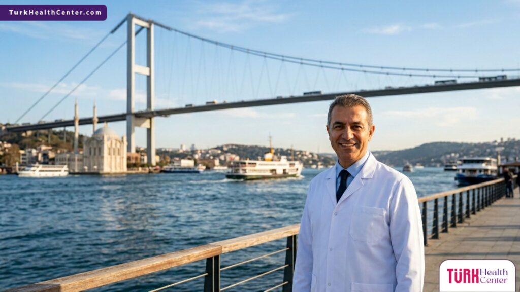 طبيب تجميل متخصص يقف بثقة أمام جسر البوسفور في إسطنبول، لتمثيل الوجهة المثالية لإجراء خيوط تجميل الأنف في تركيا.