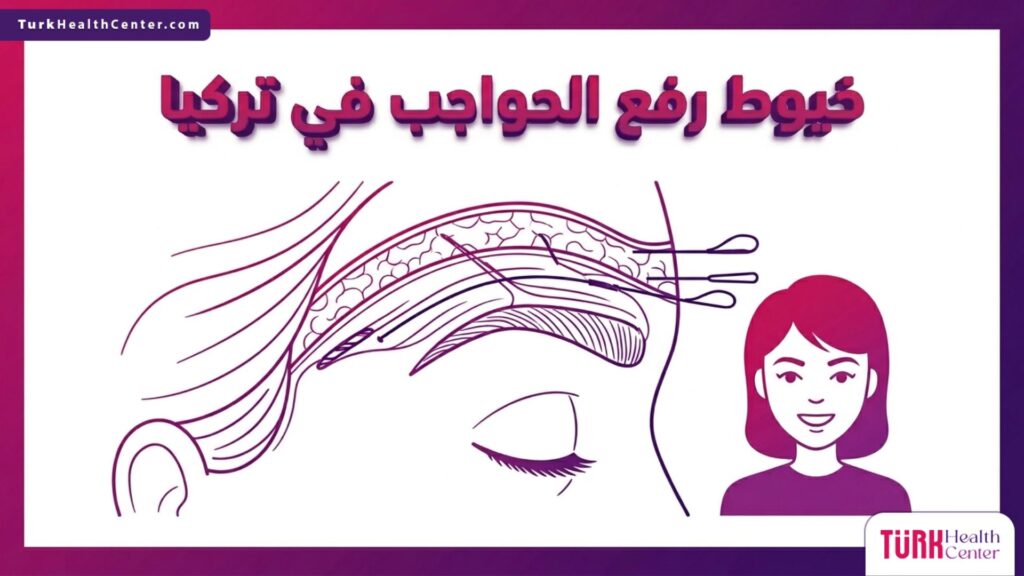 إنفوجرافيك طبي يوضح الطبقات التشريحية وكيفية عمل خيوط رفع الحواجب في تركيا لشد الجلد.