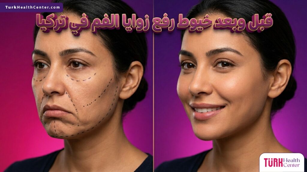 صورة مقسمة تظهر حالة الشفاه قبل وبعد خيوط رفع زوايا الفم في تركيا مع إظهار الخطوط الطبية للعملية والنتيجة المثالية.