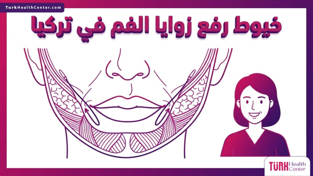 رسم بياني طبي يوضح التشريح الداخلي لطبقات الجلد وكيفية عمل خيوط رفع زوايا الفم في تركيا.
