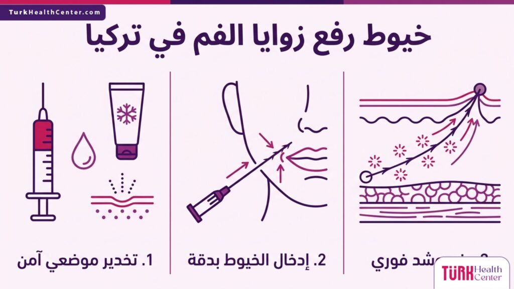 إنفوجرافيك طبي يشرح خطوات إجراء خيوط رفع زوايا الفم في تركيا من التخدير وحتى الشد النهائي.