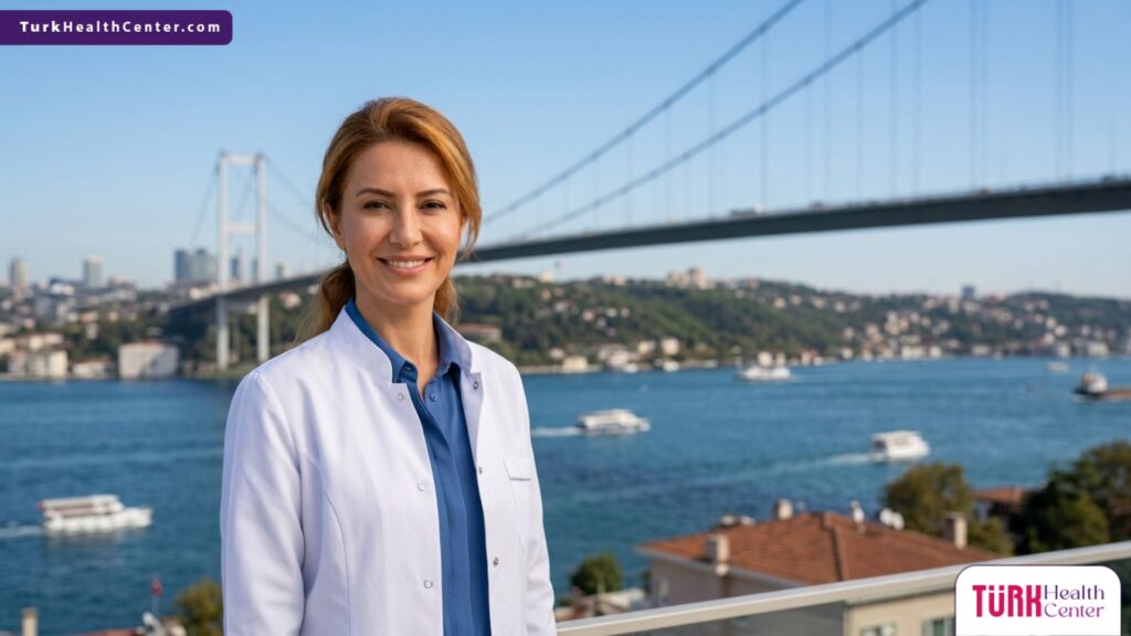 طبيب تجميل متخصص يقف بثقة أمام جسر البوسفور، ليمثل خبرة أطباء خيوط رفع زوايا الفم في تركيا.