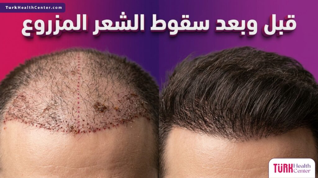 مقارنة قبل وبعد تظهر مرحلة سقوط الشعر المزروع المؤقتة ثم النمو الكثيف والنهائي للشعر.