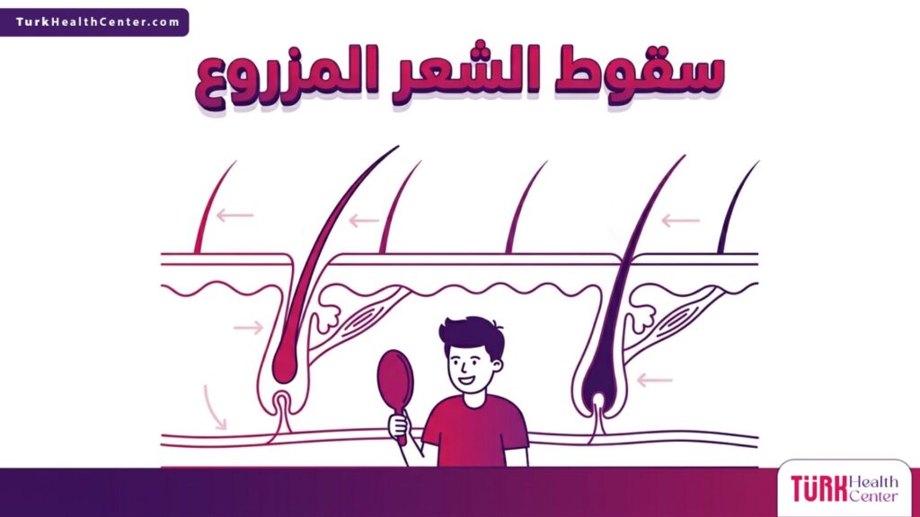 مخطط تشريحي يوضح المراحل العلمية التي تمر بها البصيلة أثناء سقوط الشعر المزروع وعودتها للنمو.