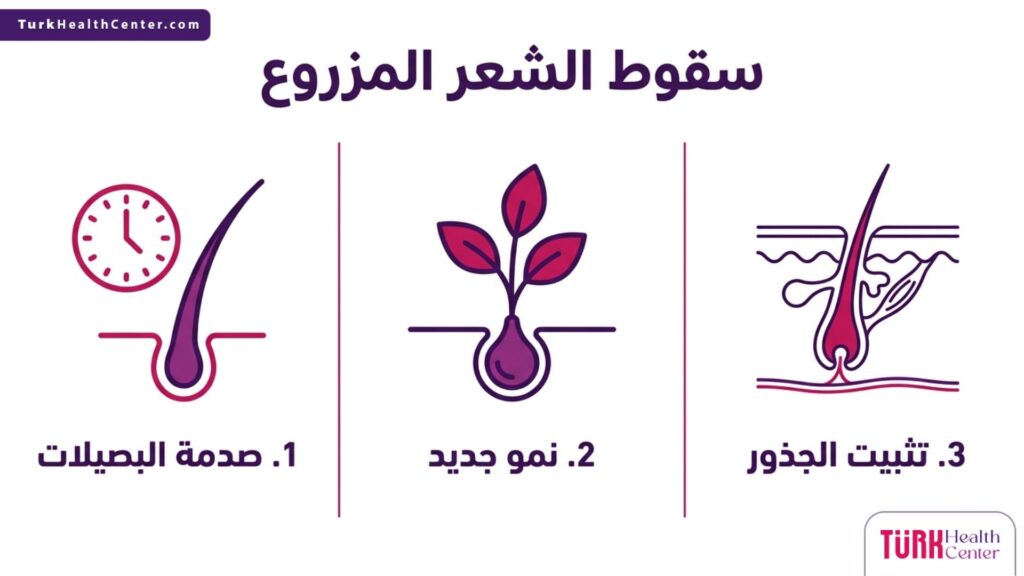إنفوجرافيك تعليمي يشرح ثلاث مراحل أساسية يتعرض لها المريض بعد سقوط الشعر المزروع لضمان النجاح.
