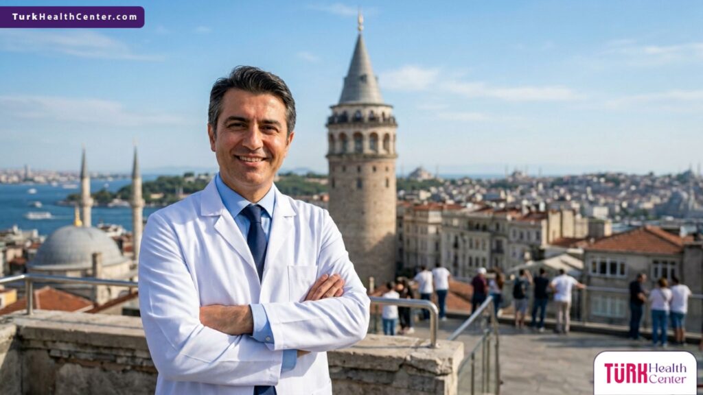 طبيب خبير في علاج سقوط الشعر المزروع يقف أمام برج غالاتا في اسطنبول بتركيا.