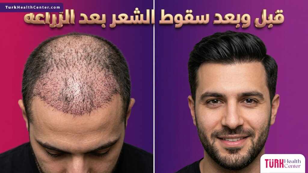 صورة مقسمة توضح مرحلة سقوط الشعر بعد الزراعه مقارنة بالكثافة النهائية والنمو الدائم