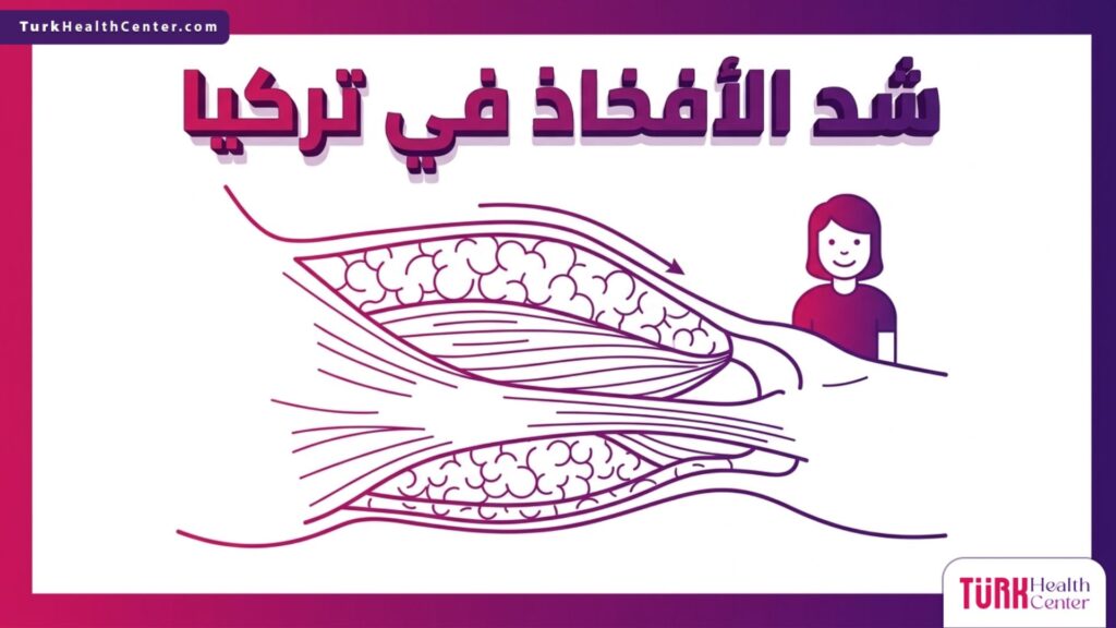 إنفوجرافيك تشريحي دقيق يوضح الطبقات العضلية والجلدية في جراحة شد الأفخاذ في تركيا