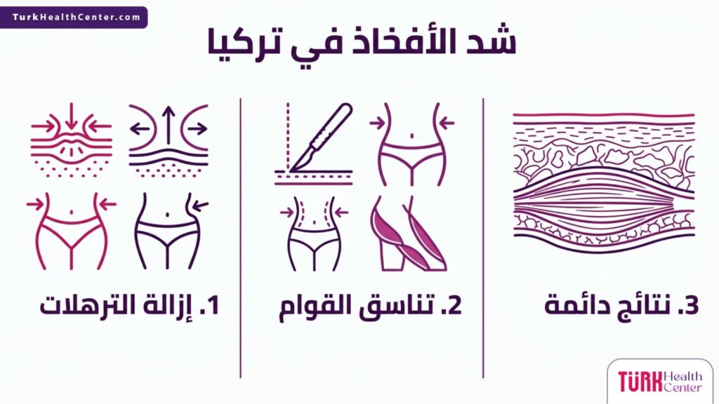 إنفوجرافيك مقسم يوضح فوائد وخطوات عملية شد الأفخاذ في تركيا