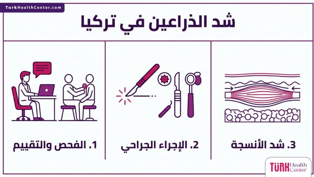 إنفوجرافيك تفصيلي يستعرض الخطوات الأساسية لعملية شد الذراعين في تركيا بدءاً من الفحص وحتى شد الأنسجة.