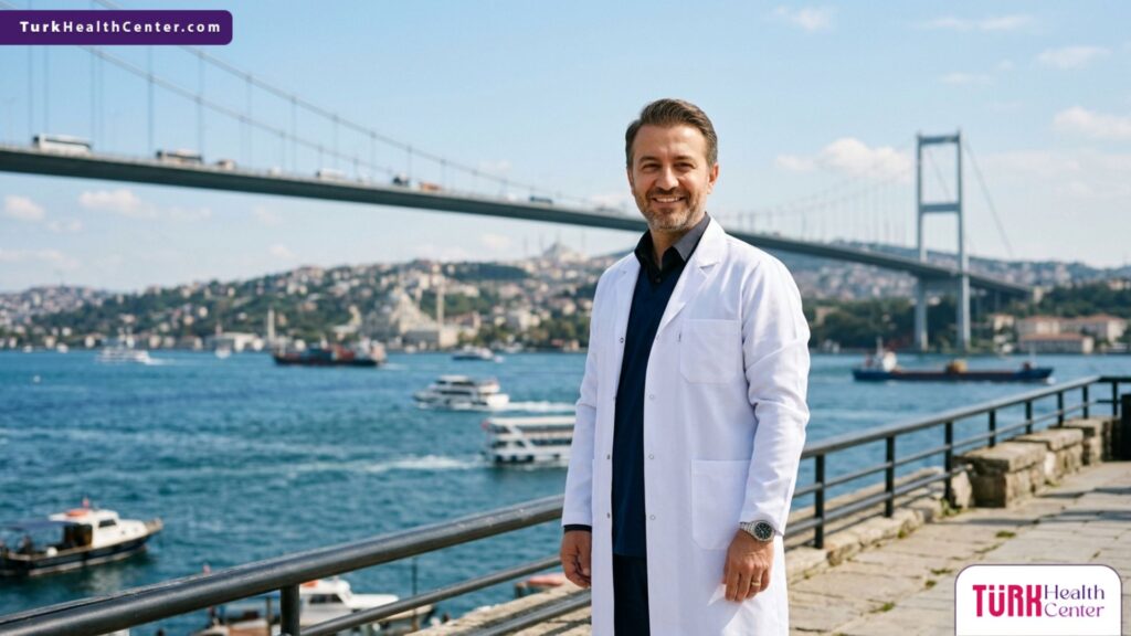 طبيب تجميل خبير يقف بثقة أمام جسر البوسفور، ليمثل احترافية السياحة العلاجية وعمليات شد الذراعين في تركيا.