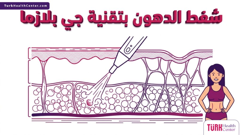 رسم توضيحي طبي ثلاثي الأبعاد يشرح آلية عمل شفط الدهون بتقنية جي بلازما على طبقات الجلد